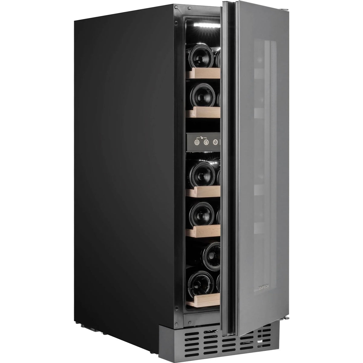 Temptech Oslo OX30DRB-24 onderbouw wijnkoelkast, schuin met deur op een kier